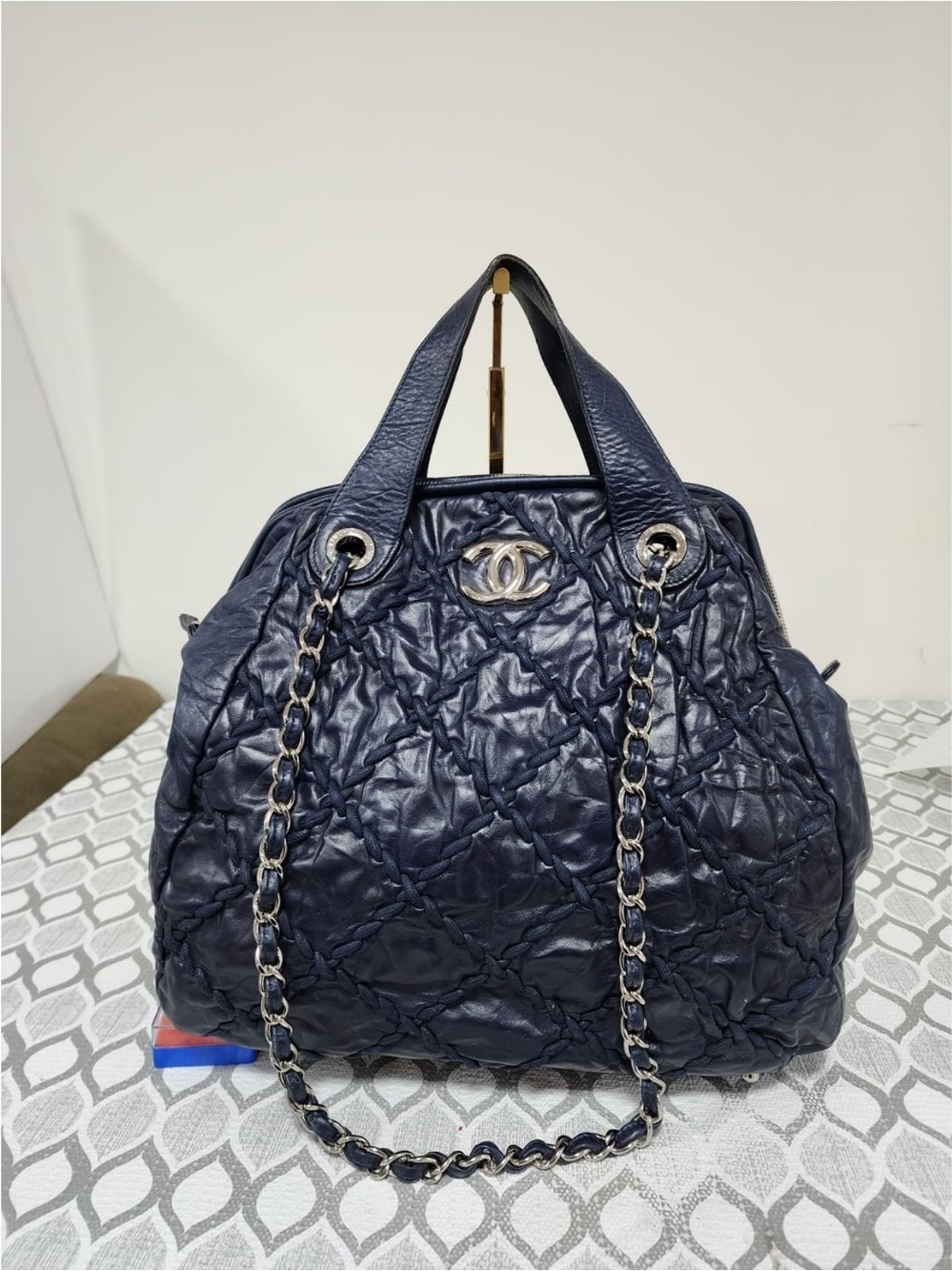 CHANEL Ultra Stitch Leather Bowling Bag Navy Blue
